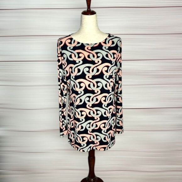 Brooks Brothers Stretch Tunic Top Blouse Abstract Print Black Peach Gray M - Picture 1 of 10